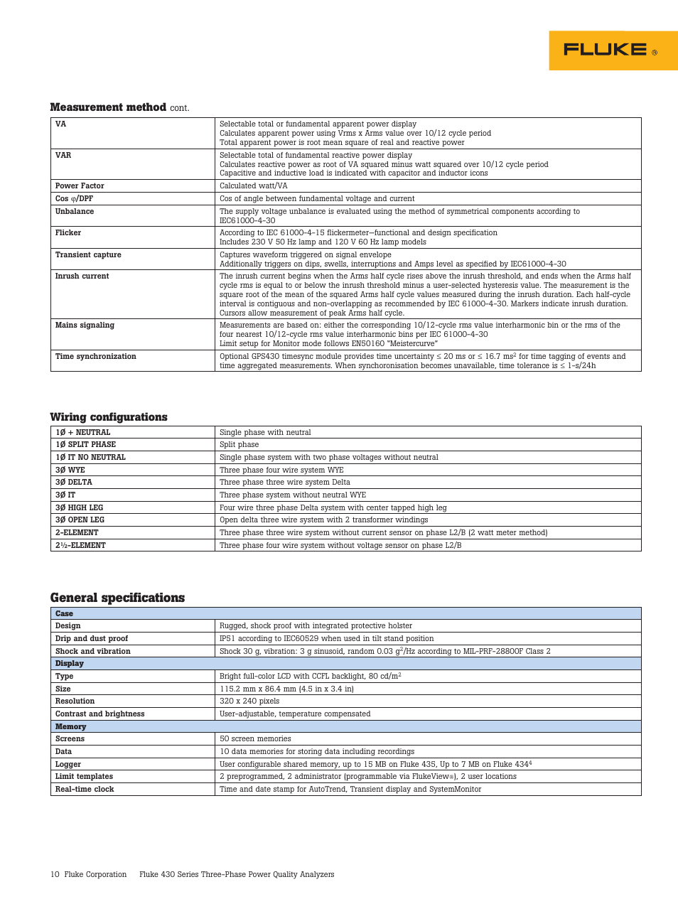 General specifications, Wiring configurations, Measurement method | Atec Fluke-430 Series User Manual | Page 10 / 12