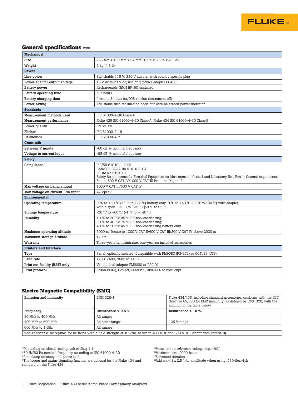 General specifications, Electro magnetic compatibility (emc) | Atec Fluke-430 Series User Manual | Page 11 / 12