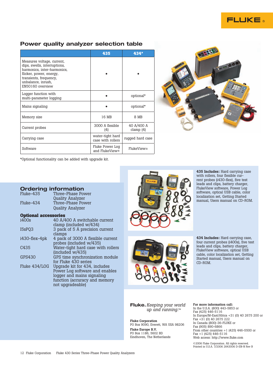 Power quality analyzer selection table, Ordering information | Atec Fluke-430 Series User Manual | Page 12 / 12