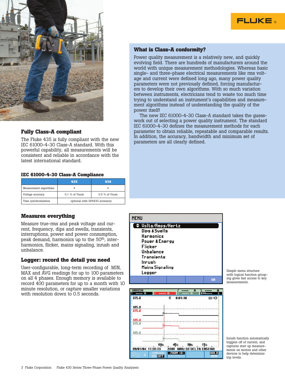 Measures everything, Logger: record the detail you need, What is class-a conformity | Fully class-a compliant | Atec Fluke-430 Series User Manual | Page 3 / 12