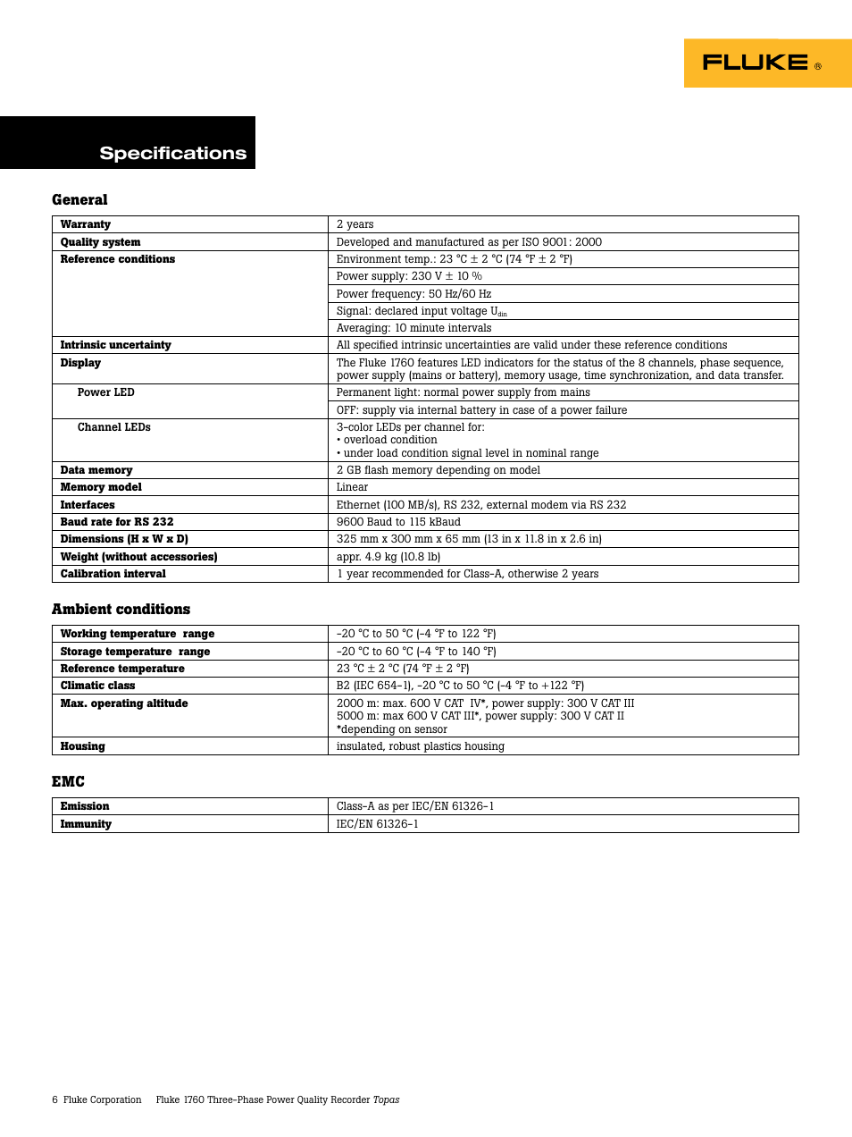 Specifications, General, Ambient conditions | Atec Fluke-1760 User Manual | Page 6 / 10