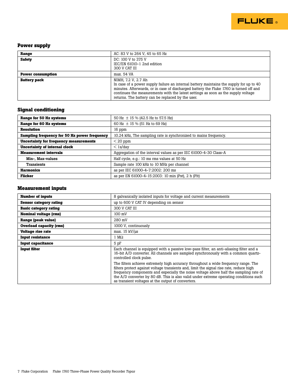 Power supply, Signal conditioning, Measurement inputs | Atec Fluke-1760 User Manual | Page 7 / 10