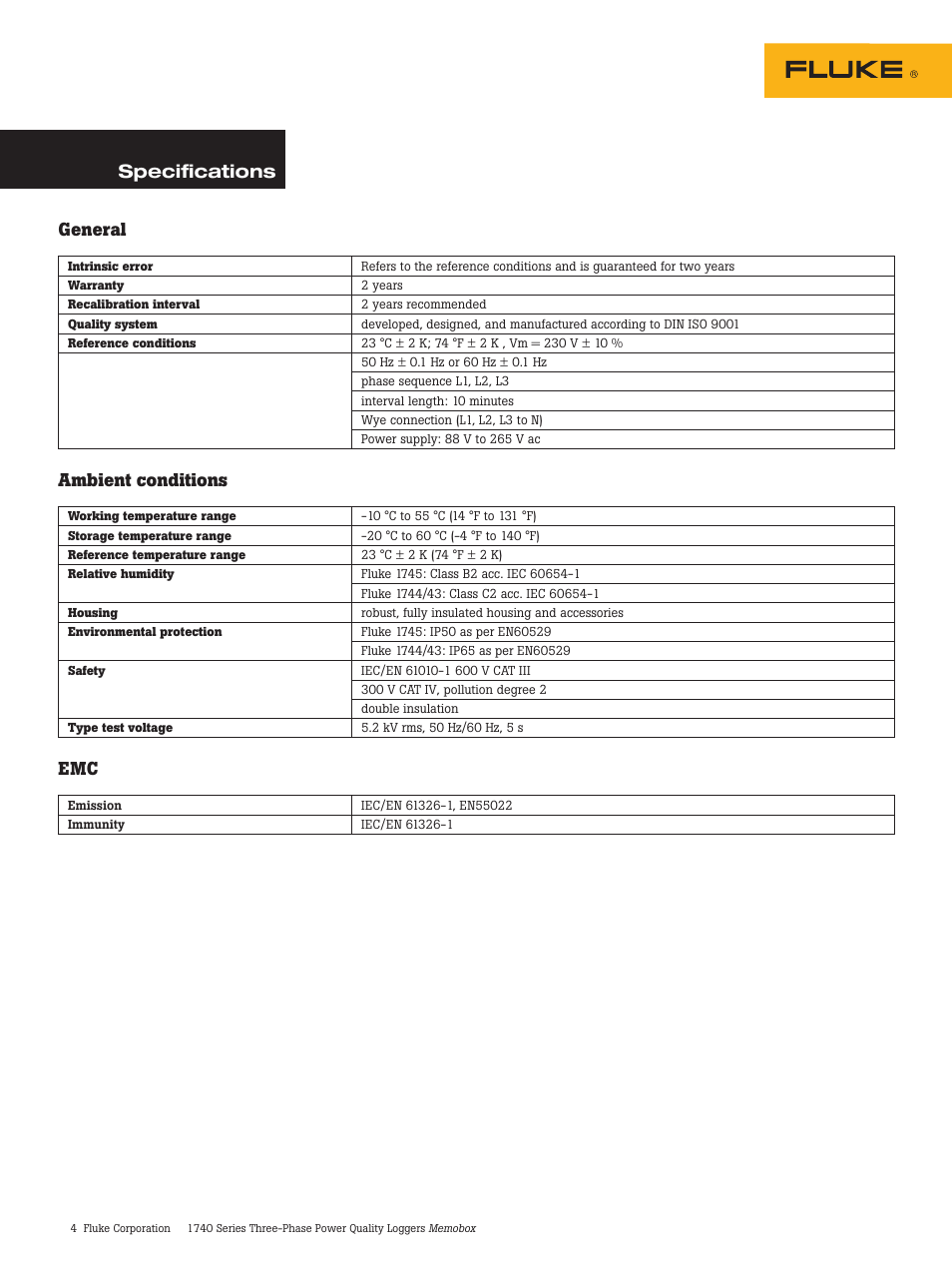 Specifications general, Ambient conditions | Atec Fluke-1740 Series User Manual | Page 4 / 7