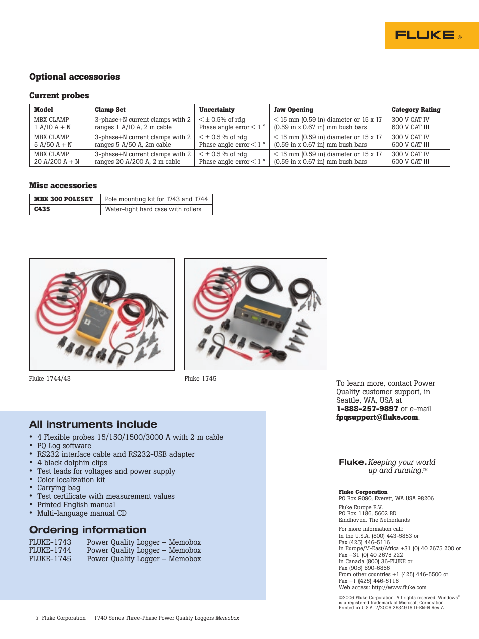 All instruments include, Ordering information, Optional accessories | Atec Fluke-1740 Series User Manual | Page 7 / 7