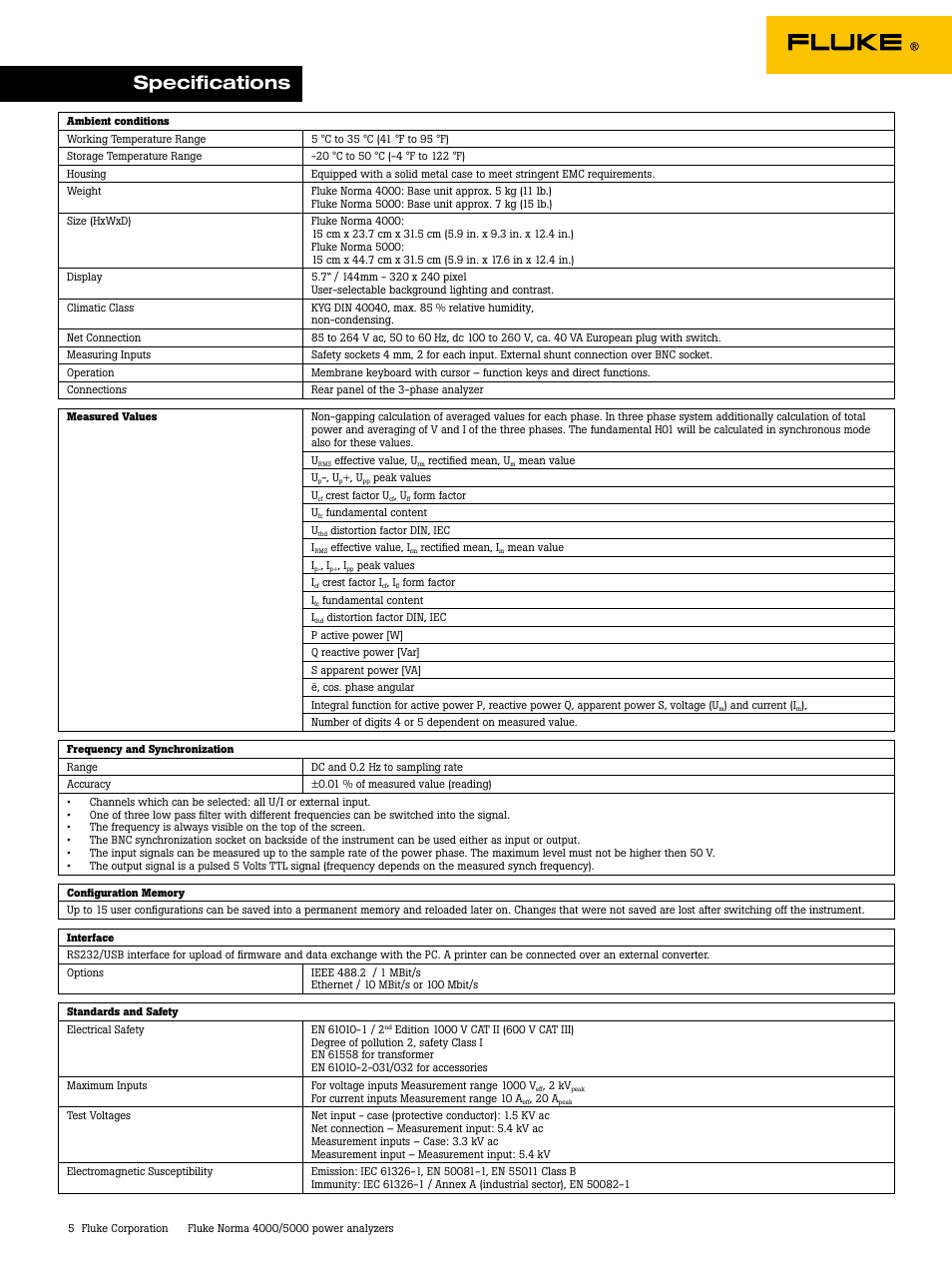 Specifications | Atec Fluke-Norma-4000-5000 Series User Manual | Page 5 / 11