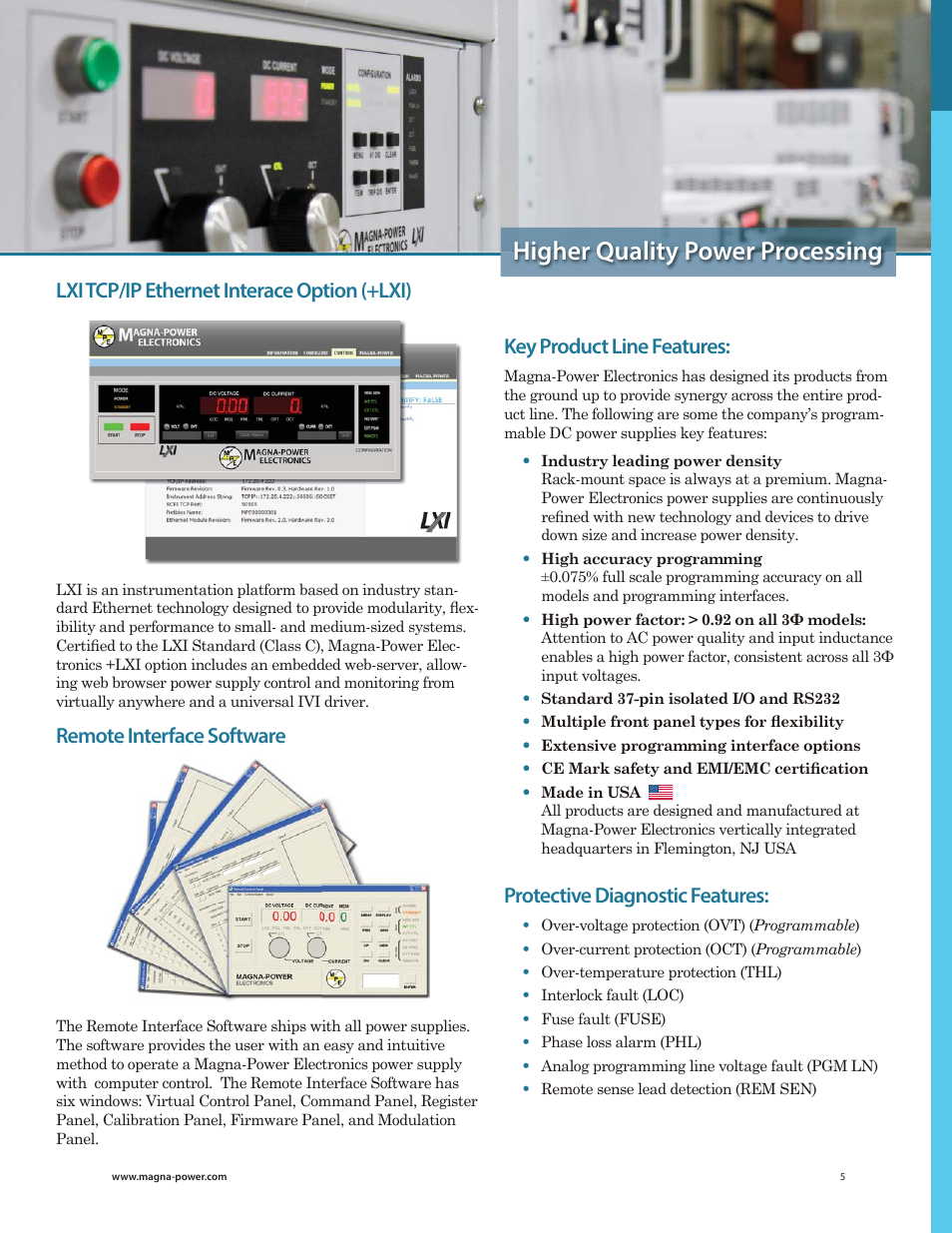 Higher quality power processing, Lxi tcp/ip ethernet interace option (+lxi), Remote interface software | Key product line features, Protective diagnostic features | Atec Magna-Power_TSD Series User Manual | Page 2 / 11