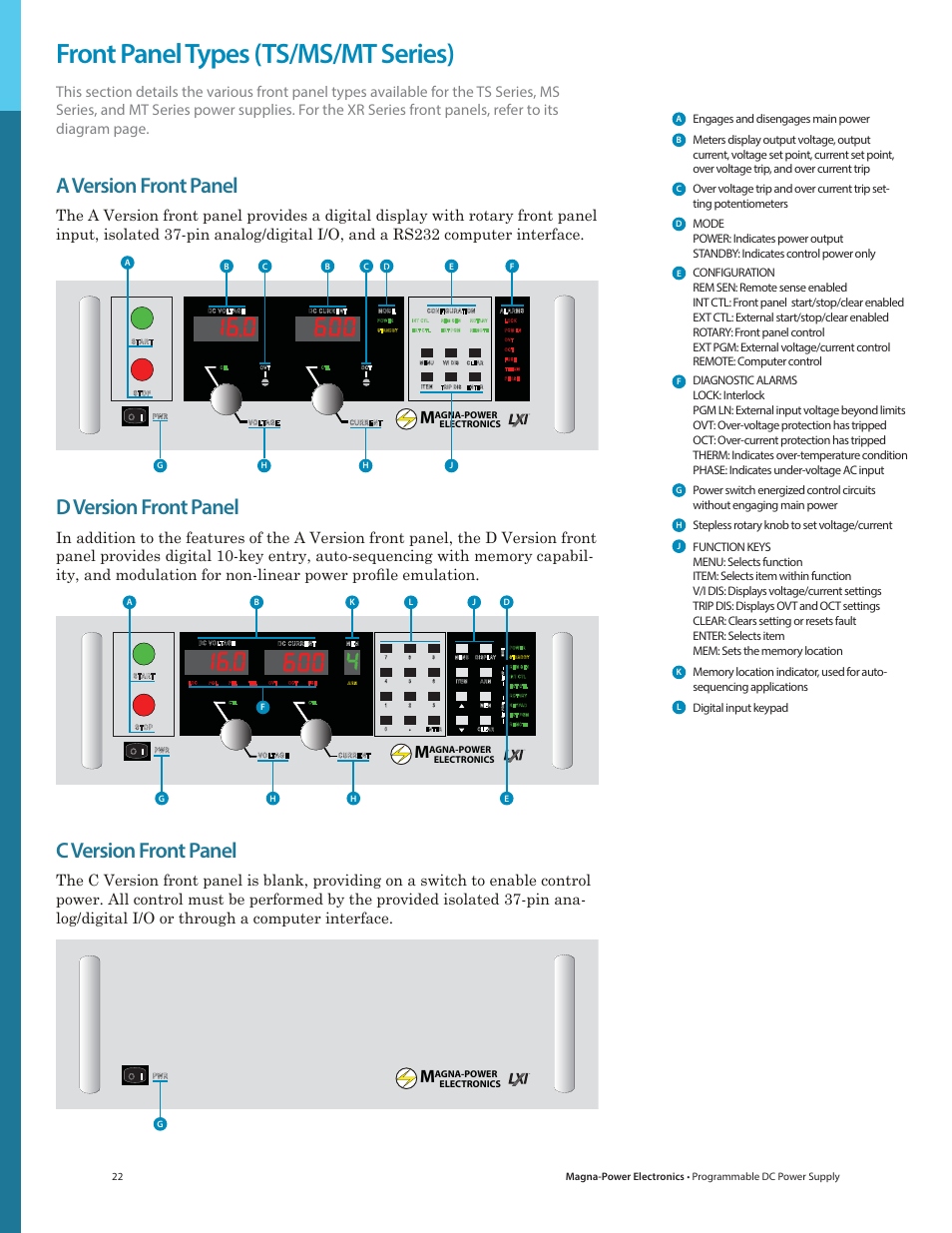 Front panel types (ts/ms/mt series), A version front panel, D version front panel | C version front panel, Engages and disengages main power, Stepless rotary knob to set voltage/current, Digital input keypad | Atec Magna-Power_TSD Series User Manual | Page 7 / 11