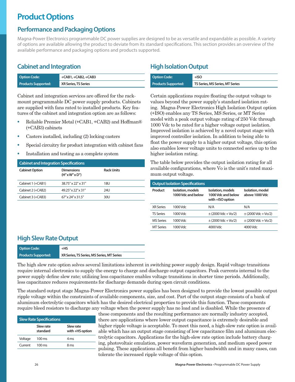 Product options, Performance and packaging options, High isolation output | Cabinet and integration, High slew rate output | Atec Magna-Power_TSD Series User Manual | Page 9 / 11