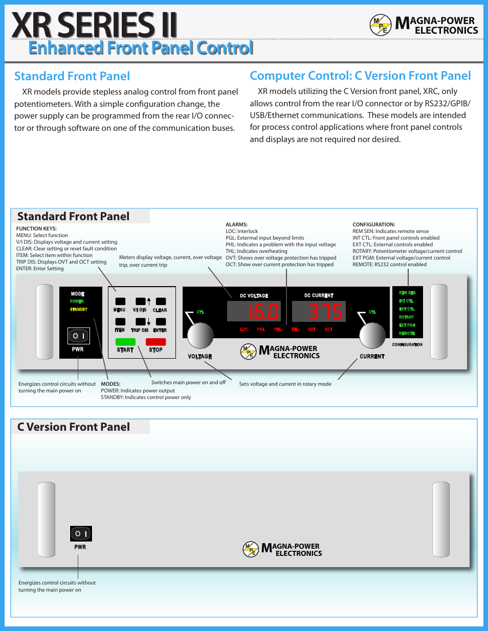 Xr series ii, Enhanced front panel control, Standard front panel | Computer control: c version front panel, Standard front panel c version front panel, Agna-power electronics | Atec Magna-Power-XRII-Series-DatasheetЙ User Manual | Page 4 / 8