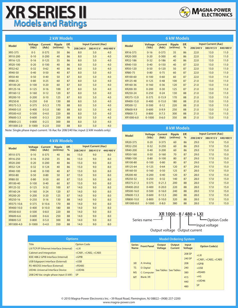 Xr series ii, Models and ratings, Agna-power electronics | 2 kw models, 4 kw models, 6 kw models, 8 kw models | Atec Magna-Power-XRII-Series-DatasheetЙ User Manual | Page 5 / 8