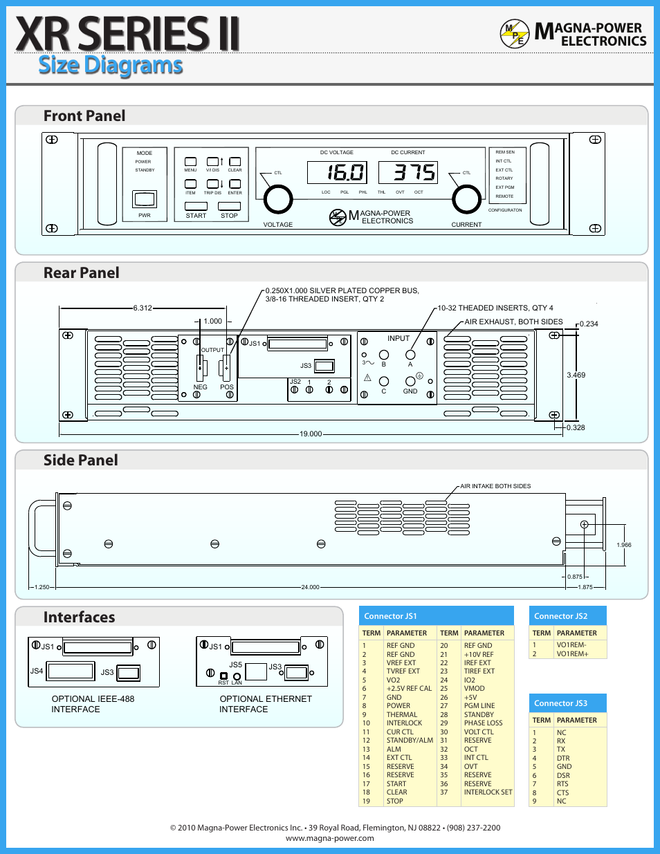 Xr series ii, Size diagrams, Front panel rear panel side panel | Interfaces side panel rear panel front panel, Agna-power electronics | Atec Magna-Power-XRII-Series-DatasheetЙ User Manual | Page 7 / 8