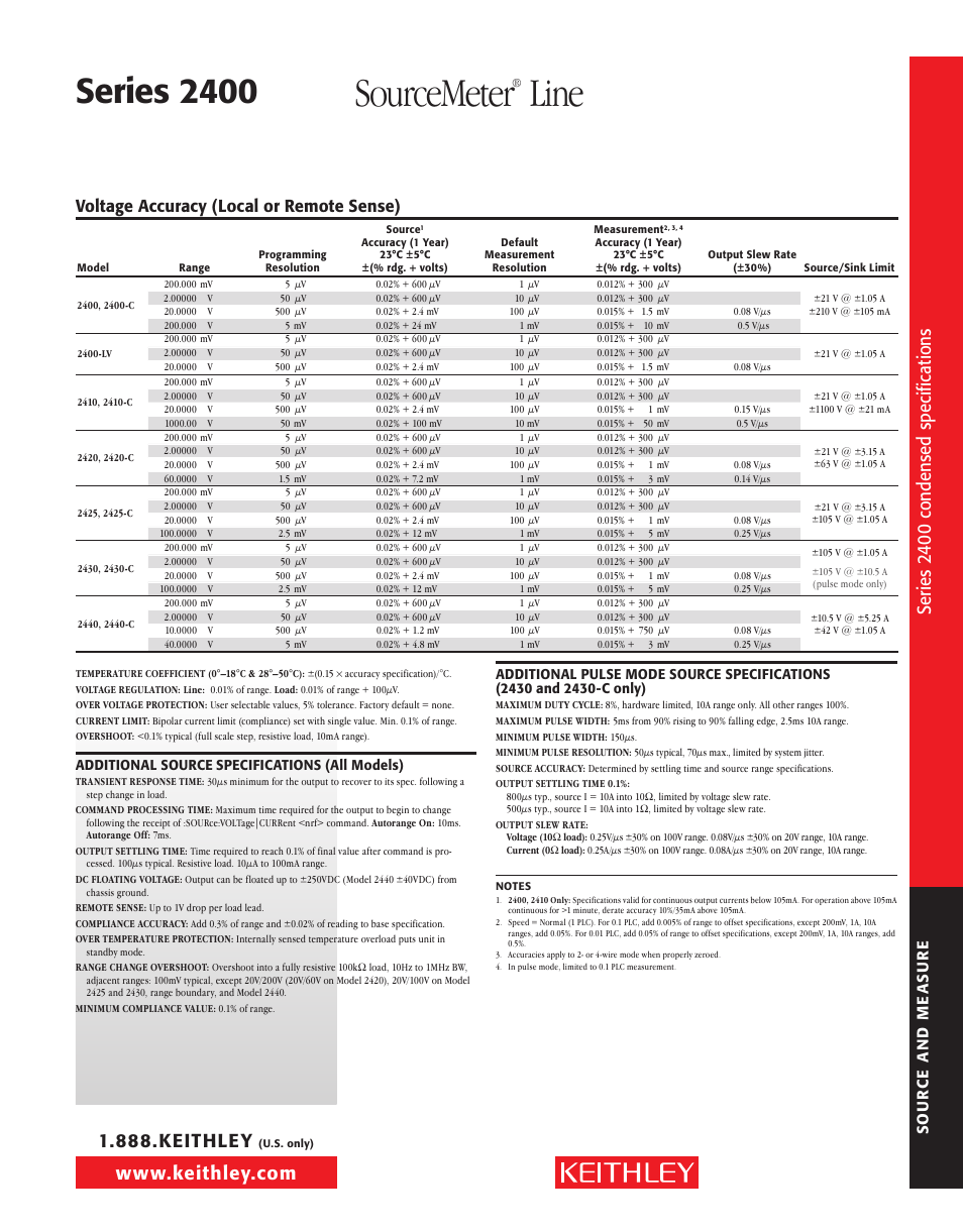Sourcemeter, Line, Series 2400 | Si de t ex t, Se rie s 24 00 co nd ens ed spe ci fic at io ns, Voltage accuracy (local or remote sense) | Atec Keithley-2400 User Manual | Page 5 / 8