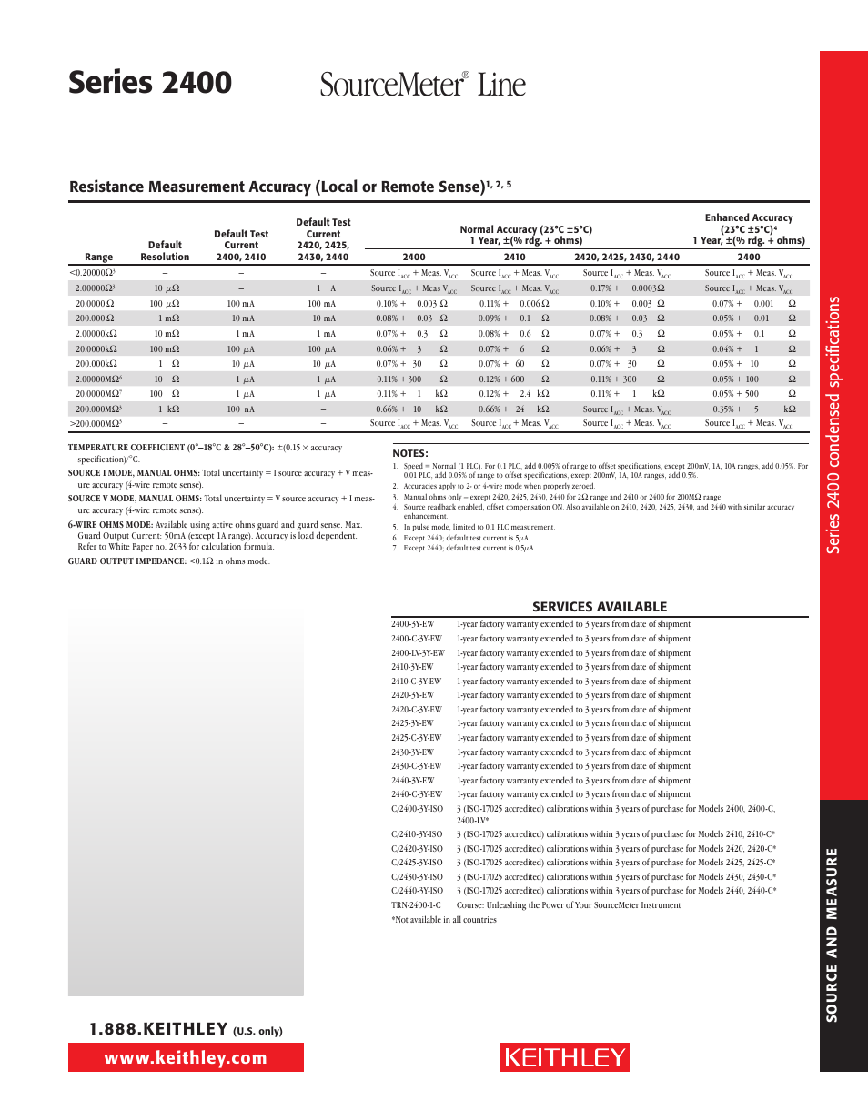 Sourcemeter, Line, Series 2400 | Si de t ex t, Se rie s 24 00 co nd ens ed spe ci fic at io ns | Atec Keithley-2400 User Manual | Page 7 / 8