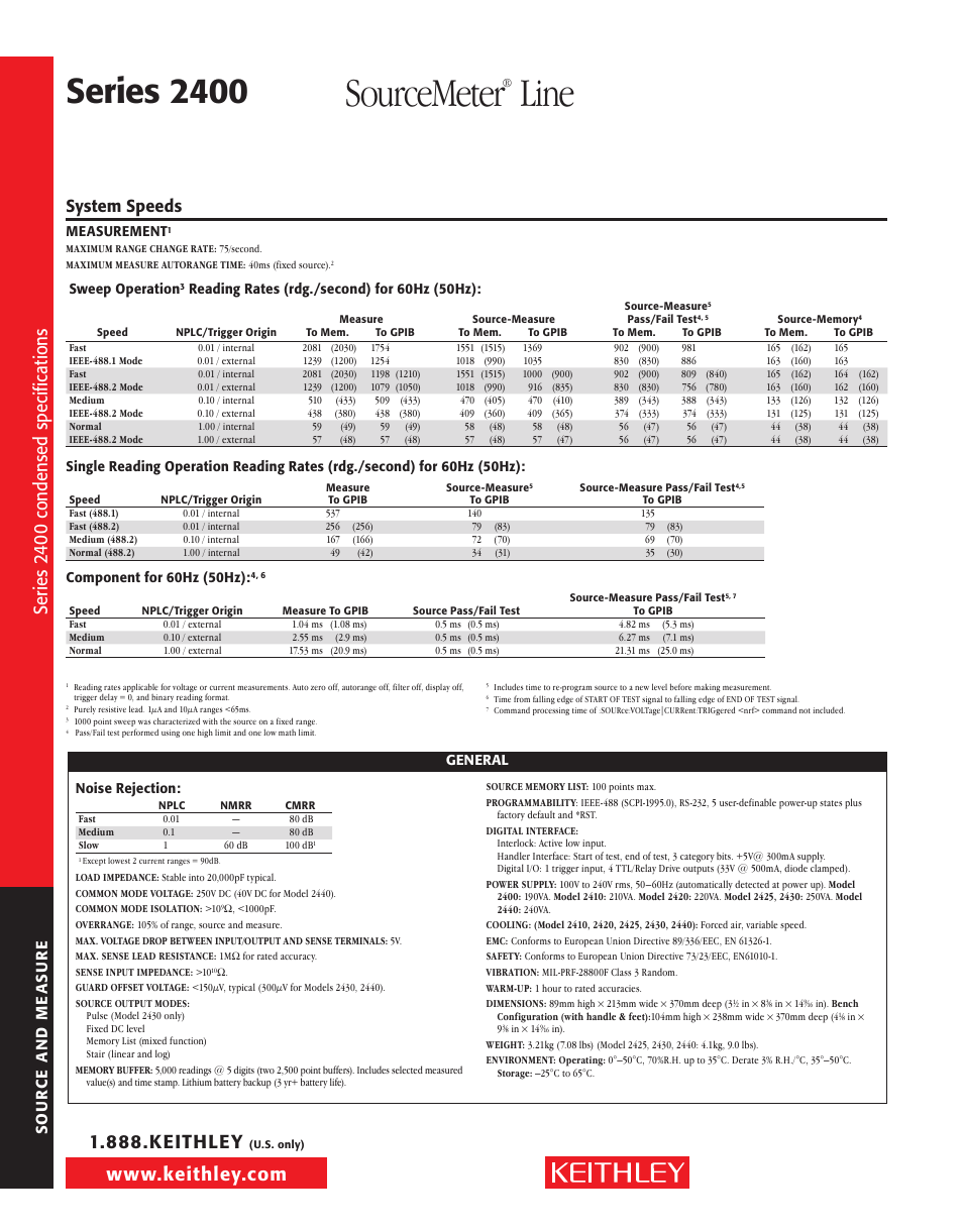 Sourcemeter, Line, Series 2400 | Se rie s 24 00 co nd ens ed spe ci fic at io ns, System speeds | Atec Keithley-2400 User Manual | Page 8 / 8