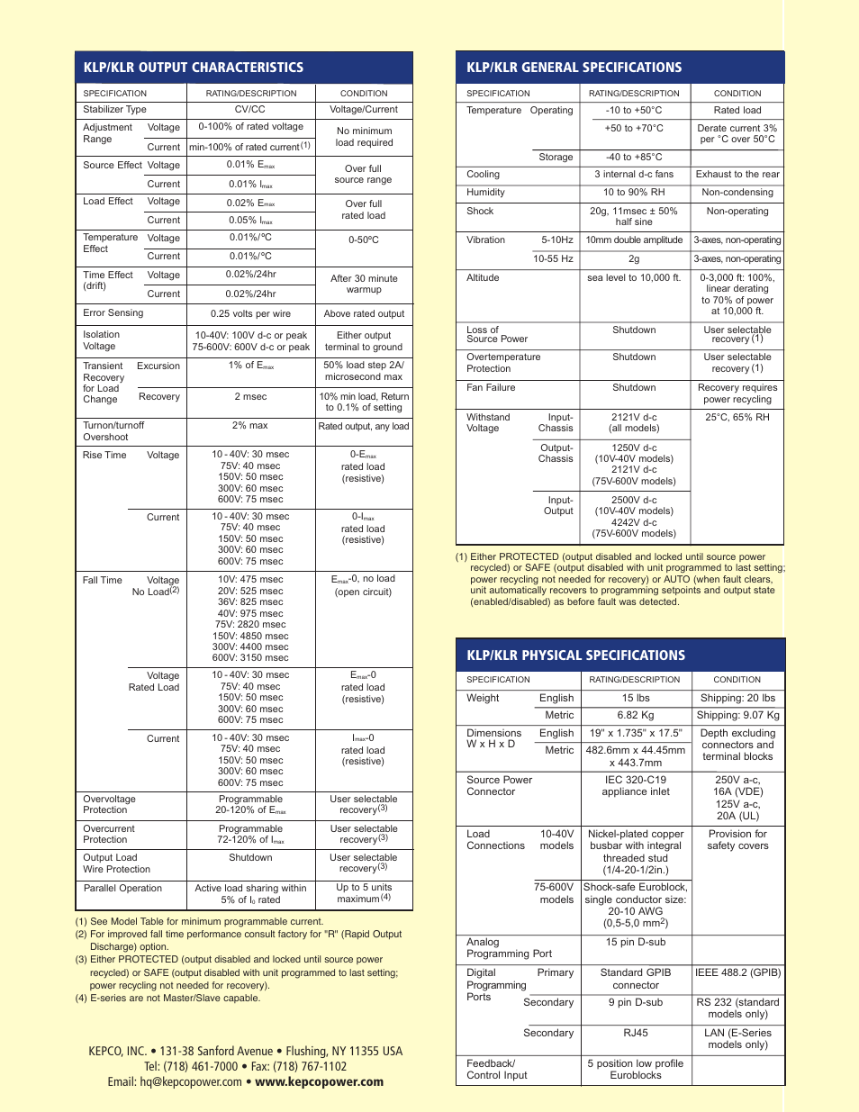 Klp/klr output characteristics, Klp/klr physical specifications, Klp/klr general specifications | Atec Kepco-KLP Series User Manual | Page 4 / 6