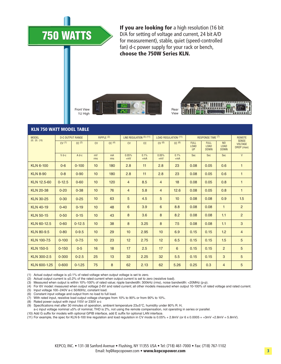 750 watts, Kln 750 watt model table | Atec Kepco-KLN Series User Manual | Page 3 / 8