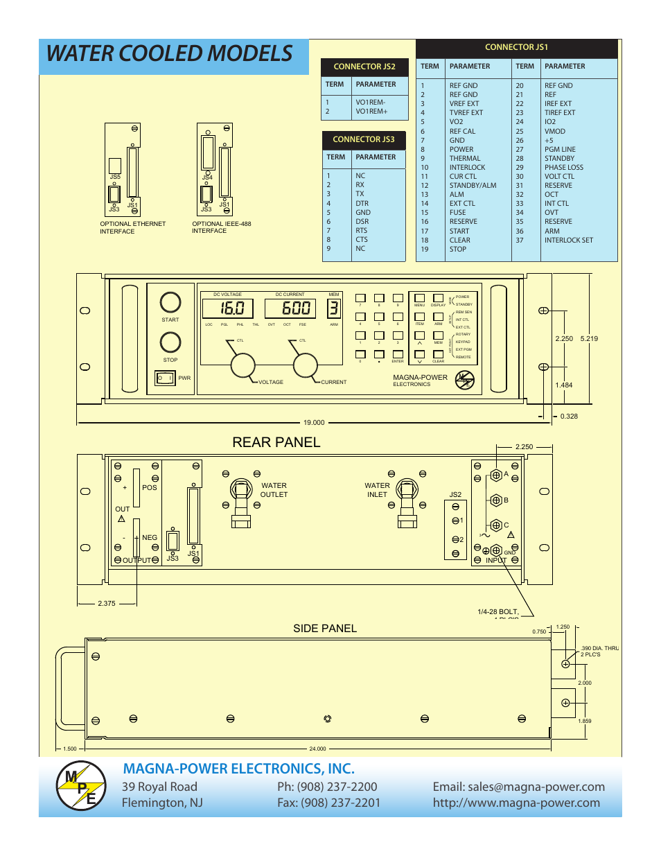 Water cooled models, Me p, Magna-power electronics, inc | Rear panel, Side panel | Atec Magna-Power-PQ-Series-III User Manual | Page 9 / 9