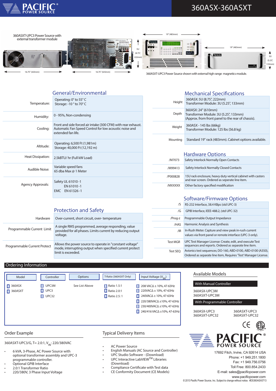 Software/firmware options, Protection and safety, Ordering information available models | Order example, Typical delivery items | Atec Pacific-Power-360ASX User Manual | Page 4 / 4