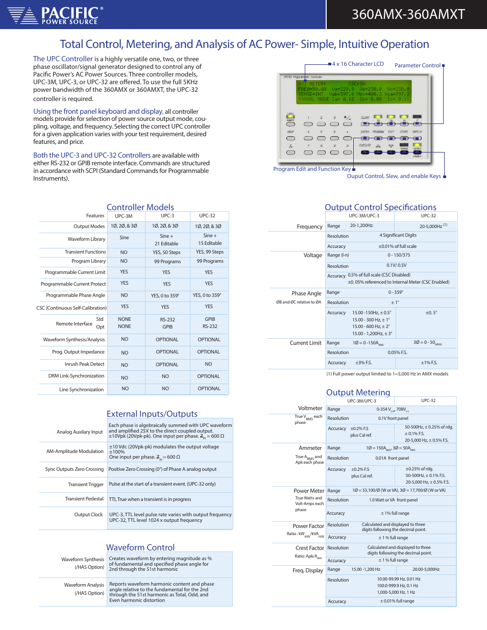 Controller models output control specifications, The upc controller, Using the front panel keyboard and display | Both the upc-3 and upc-32 controllers | Atec Pacific-Power-360AMX-AMXT User Manual | Page 3 / 4