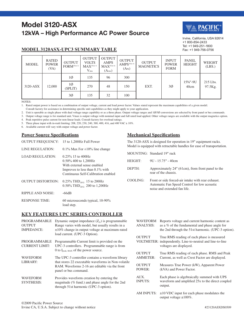 Model 3120-asx, 12kva – high performance ac power source, Power source specifications | Mechanical specifications, Key features upc series controller | Atec Pacific-Power-3120ASX User Manual | Page 2 / 2
