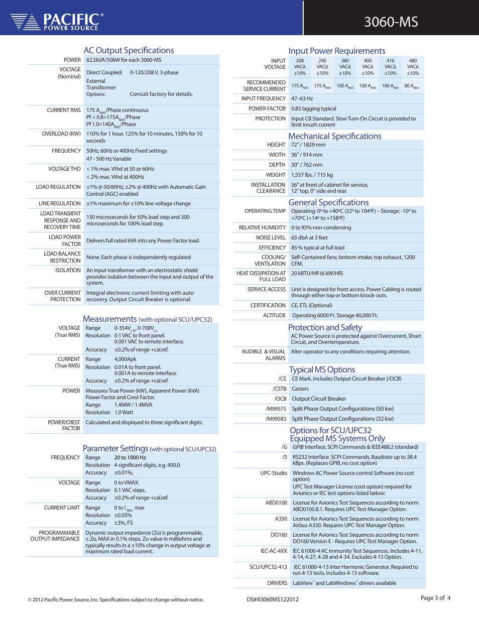 3060-ms, Ac output specifications, Only parameter settings | Measurements, Input power requirements, Options for scu/upc32 equipped ms systems | Atec Pacific-Power-3060MS User Manual | Page 3 / 4