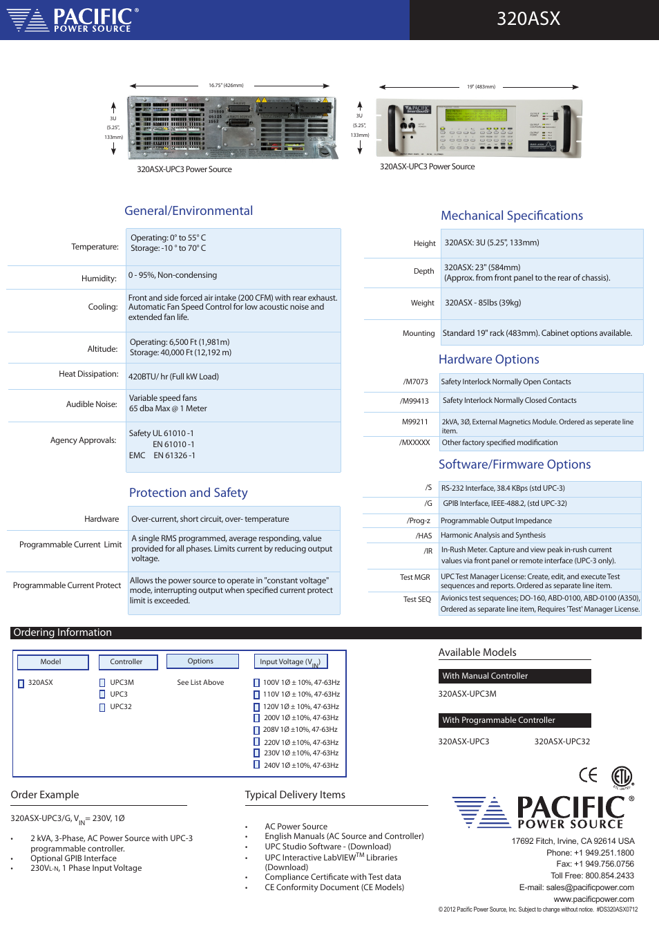 320asx, Software/firmware options, Protection and safety | Ordering information available models, Order example, Typical delivery items | Atec Pacific-Power-320ASX User Manual | Page 4 / 4