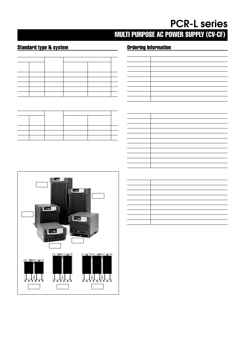 Pcr-l series, Multi purpose ac power supply (cv·cf), Standard type & system | Ordering information | Atec Kikusui-PCR500L User Manual | Page 2 / 9