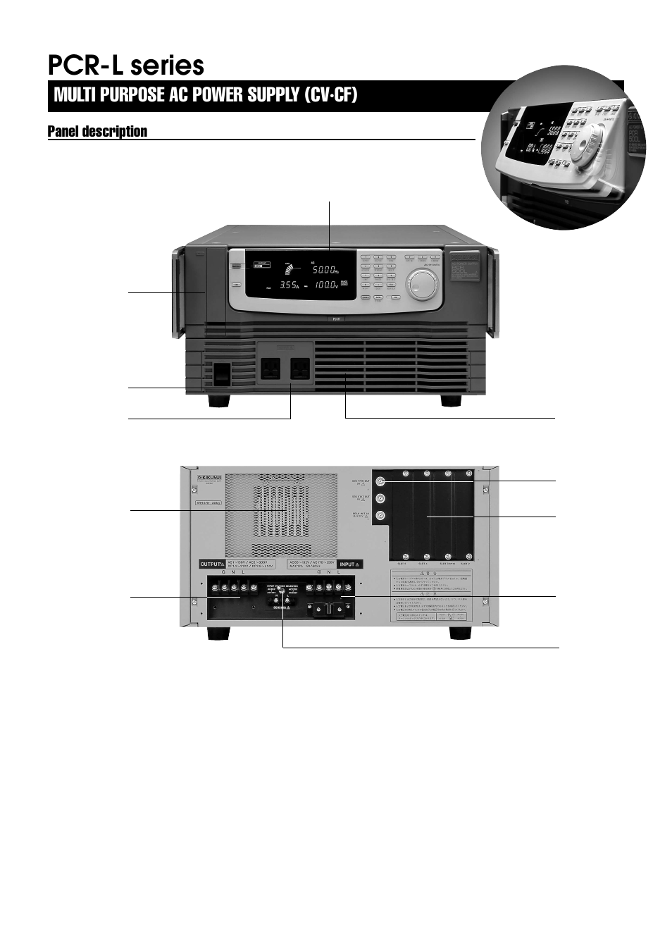 Pcr-l series, Multi purpose ac power supply (cv·cf), Panel description | Atec Kikusui-PCR500L User Manual | Page 3 / 9