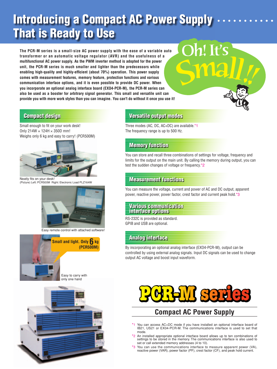 Compact ac power supply, Versatile output modes compact design, Measurement functions | Various communication interface options, Analog interface | Atec Kikusui-PCR500 User Manual | Page 2 / 4