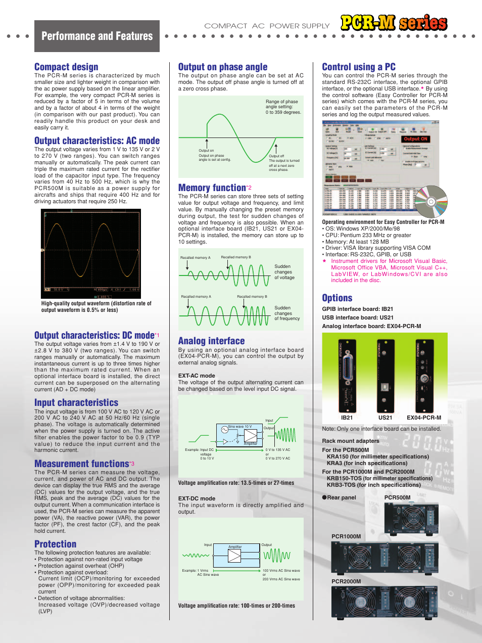 Performance and features, Compact design, Output characteristics: ac mode | Output characteristics: dc mode, Input characteristics, Measurement functions, Protection, Output on phase angle, Analog interface, Control using a pc | Atec Kikusui-PCR500 User Manual | Page 3 / 4