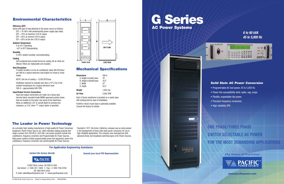 G_series.pdf, G series, Ac power systems | Mechanical specifications, Environmental characteristics, The leader in power technology | Atec Pacific-Power_GSeries User Manual | Page 8 / 8