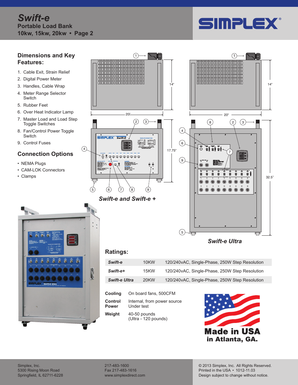 Swift-e, Ratings, Dimensions and key features | Connection options, Swift-e and swift-e + swift-e ultra | Atec Simplex-Swift-E User Manual | Page 2 / 2