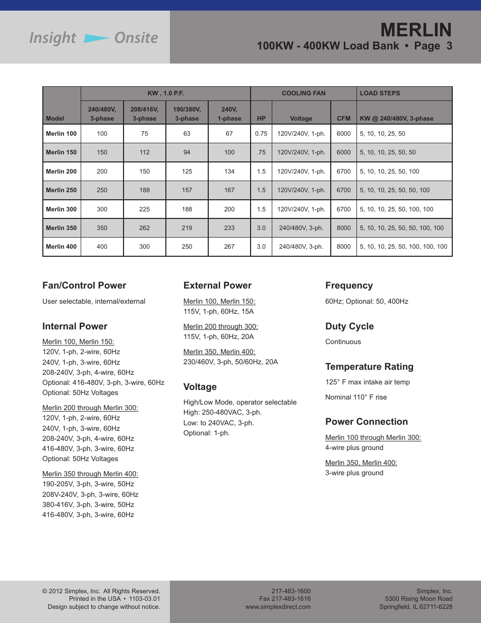 Merlin, Insight, Onsite | Fan/control power, Internal power, External power, Voltage, Frequency, Duty cycle, Temperature rating | Atec Simplex-Merlin User Manual | Page 3 / 4