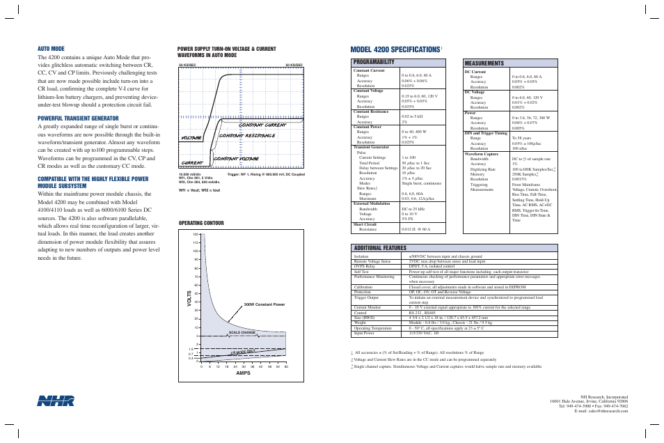 Model 4200 specifications, Auto mode, Powerful transient generator | Programability, Measurements, Additional features, Operating contour | Atec NHResearch-4200 User Manual | Page 2 / 4
