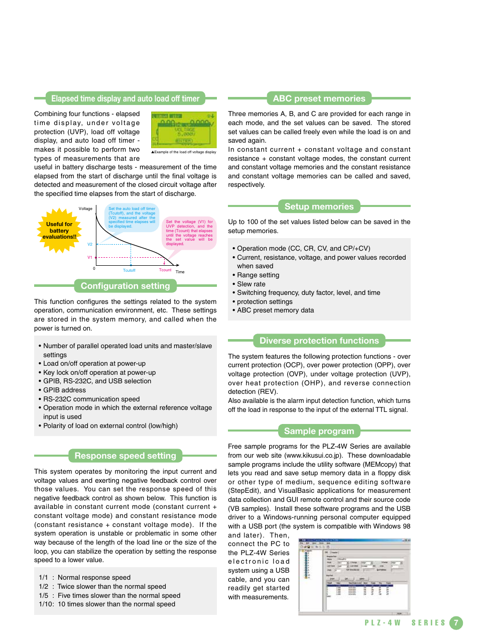 Elapsed time display and auto load off timer, Configuration setting, Response speed setting | Diverse protection functions, Sample program | Atec Kikusui-PLZ-4W Series User Manual | Page 7 / 12