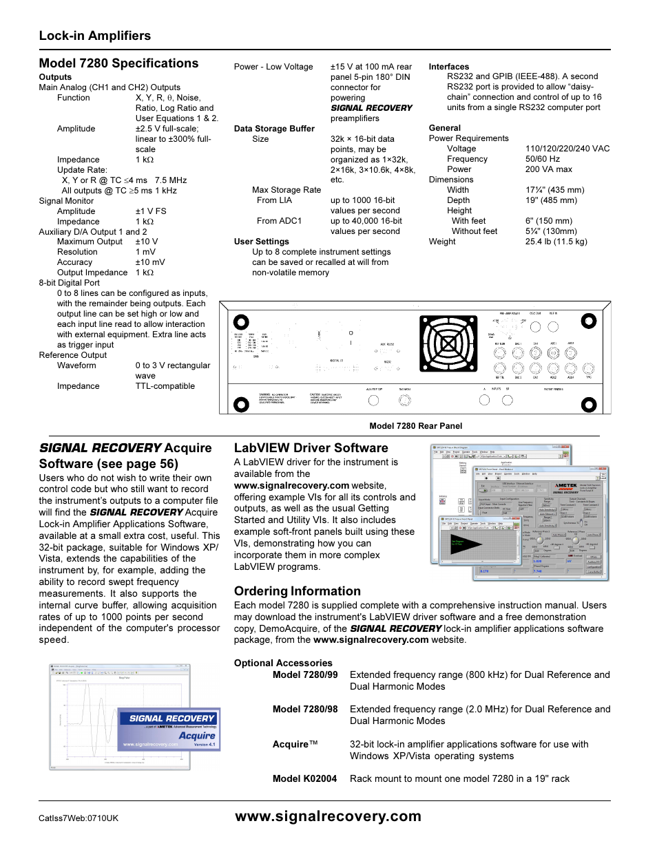 Lock-in amplifiers model 7280 specifications, Labview driver software, Signal recovery acquire software (see page 56) | Ordering information | Atec Signal-Recovery-7280 User Manual | Page 3 / 4