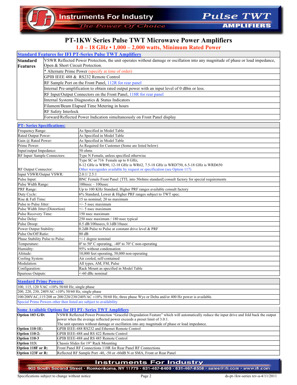 Pt-1kw series pulse twt microwave power amplifiers | Atec IFI-PT-1KW Series User Manual | Page 2 / 3