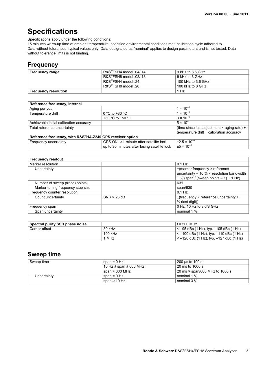 Specifications, Frequency, Sweep time | Atec Rohde-Schwarz-FSH-Z1 User Manual | Page 3 / 28