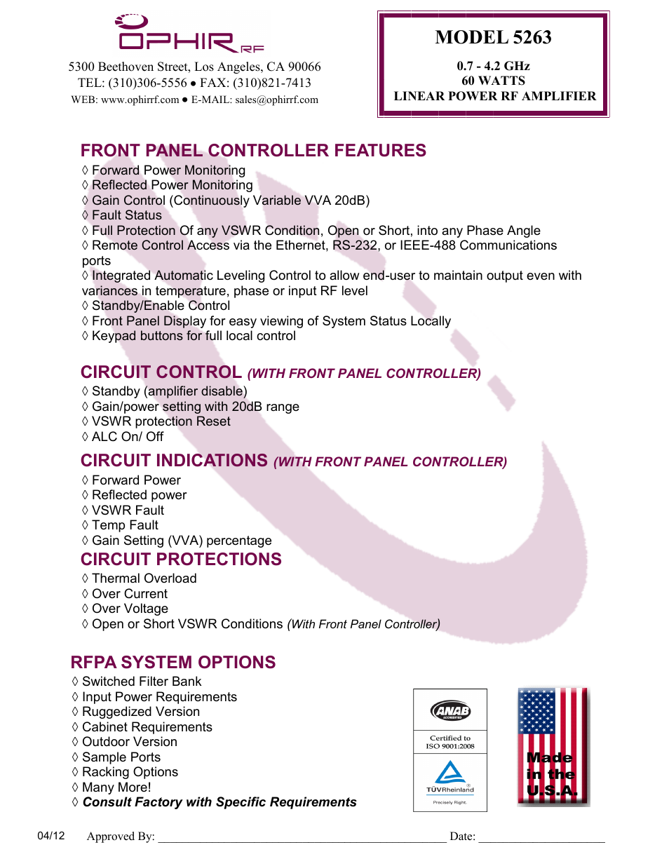 Model 5263, Rfpa system options, Circuit control | Front panel controller features, Circuit protections, Circuit indications | Atec Ophir-5263FE User Manual | Page 2 / 2