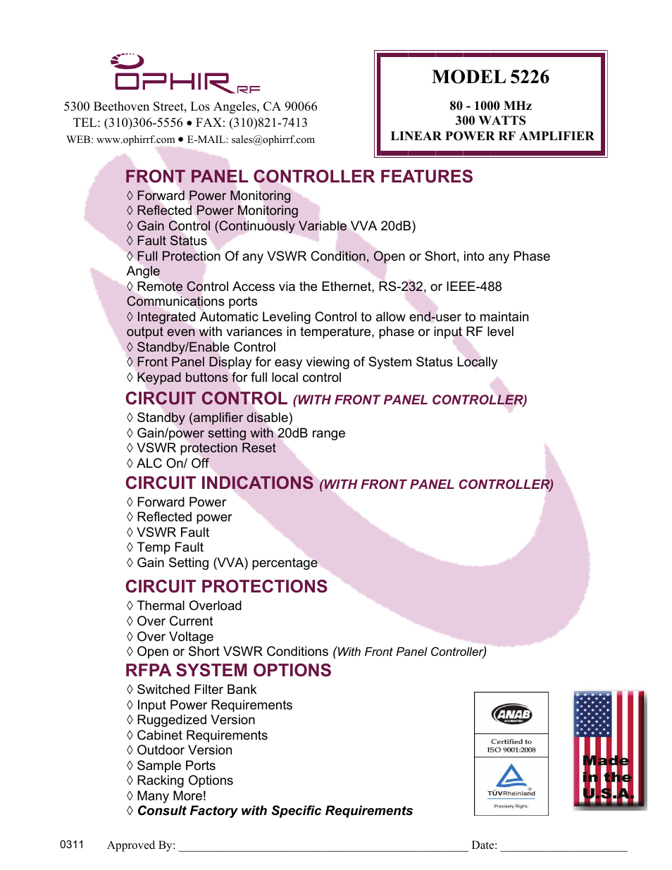 Model 5226, Circuit control, Circuit indications | Front panel controller features, Rfpa system options, Circuit protections | Atec Ophir-5226 User Manual | Page 2 / 2