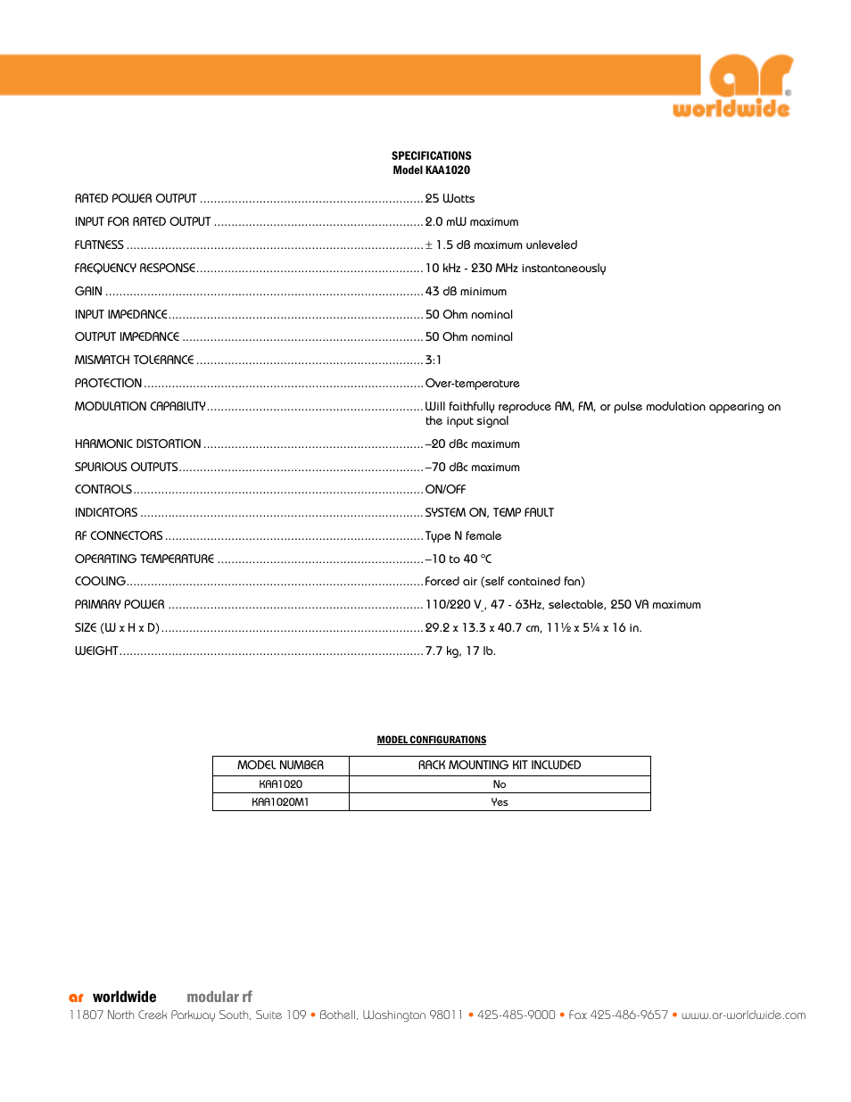 Rack mounting kit included, Ê worldwide • modular rf | Atec Amplifier-Research-Kalmus-KAA1020 User Manual | Page 2 / 2