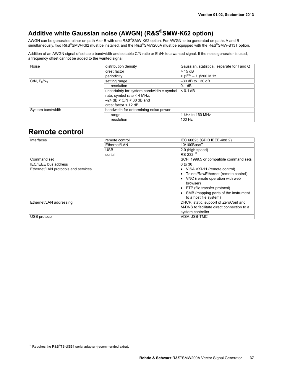 Remote control, Additive white gaussian noise (awgn) (r&s, Smw-k62 option) | Atec RohdeSchwarz-SMW200A User Manual | Page 37 / 44