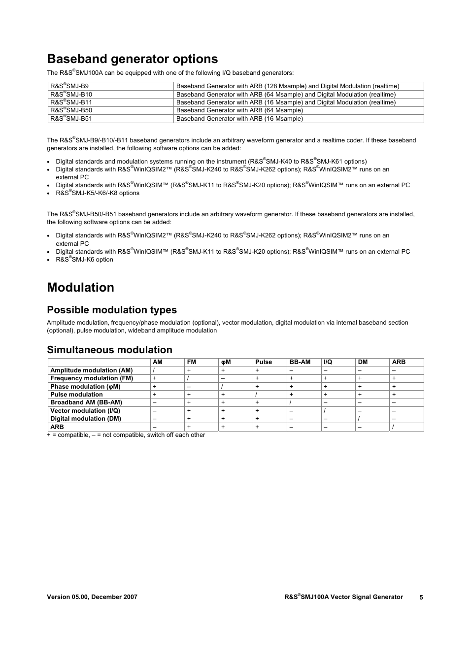 Baseband generator options, Modulation, Possible modulation types | Simultaneous modulation | Atec Rohde-Schwarz-SMJ100A User Manual | Page 5 / 36