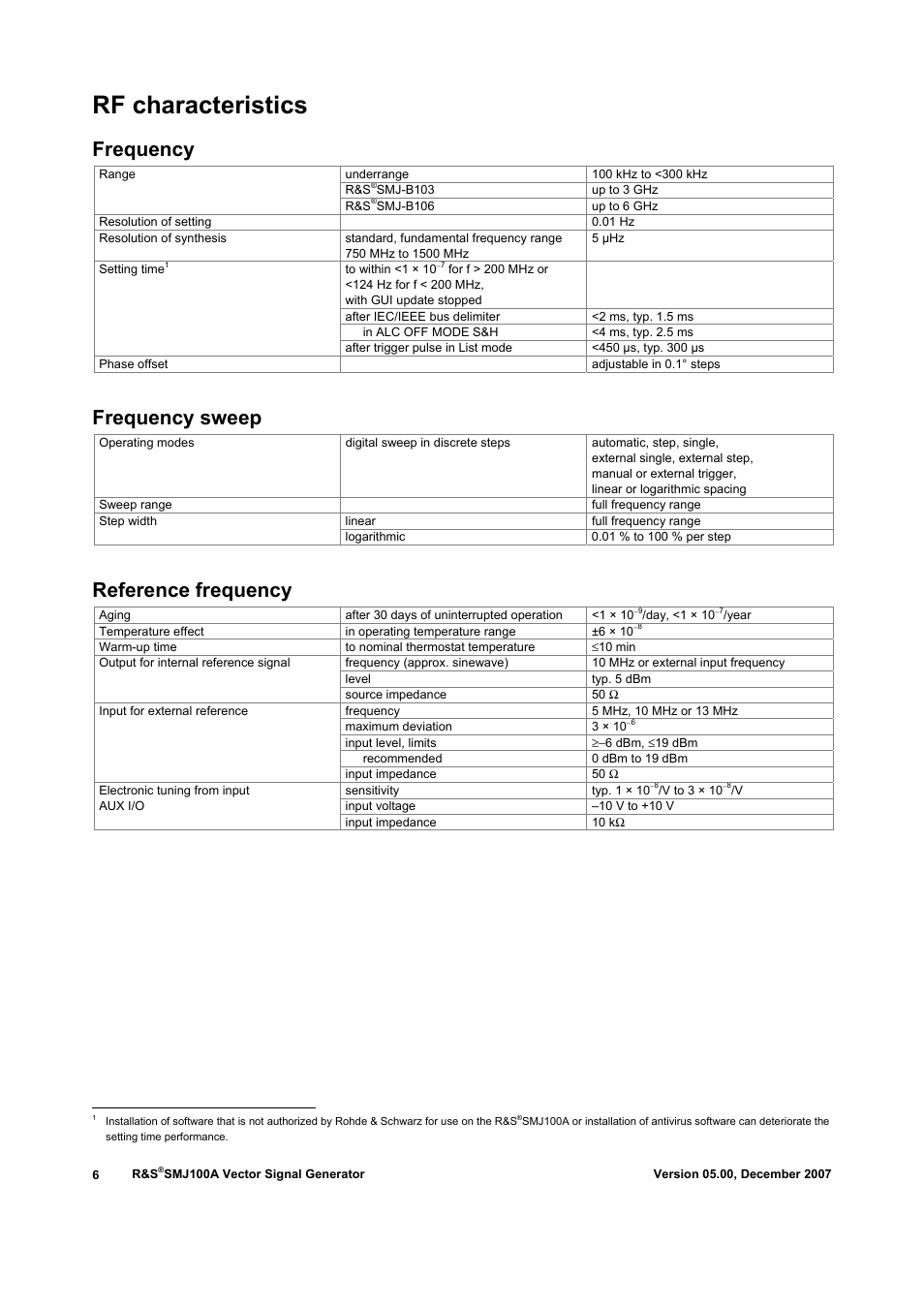 Rf characteristics, Frequency, Frequency sweep | Reference frequency | Atec Rohde-Schwarz-SMJ100A User Manual | Page 6 / 36