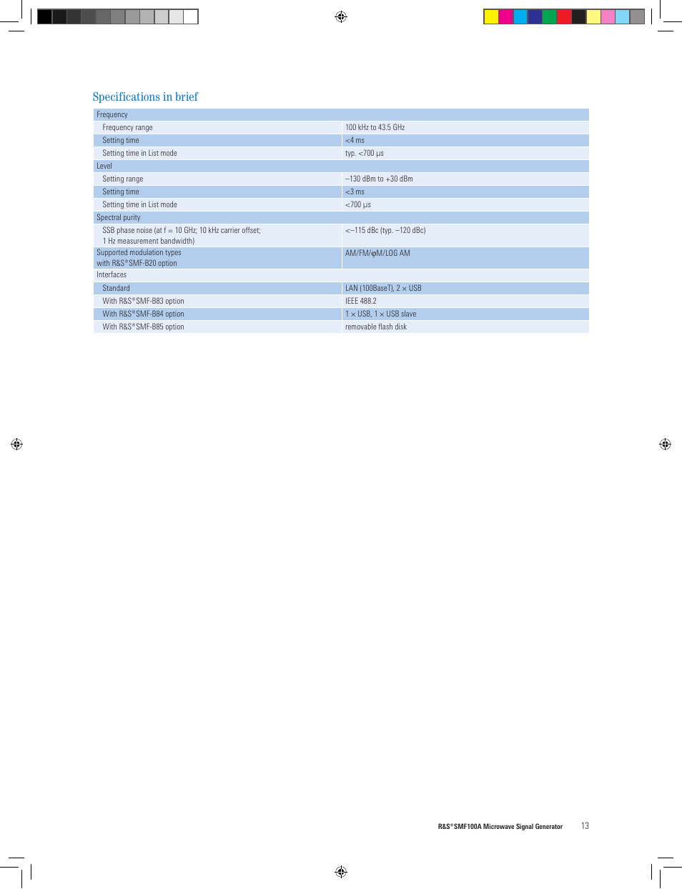 Specifications in brief | Atec Rohde-Schwarz-SMF100A User Manual | Page 13 / 16