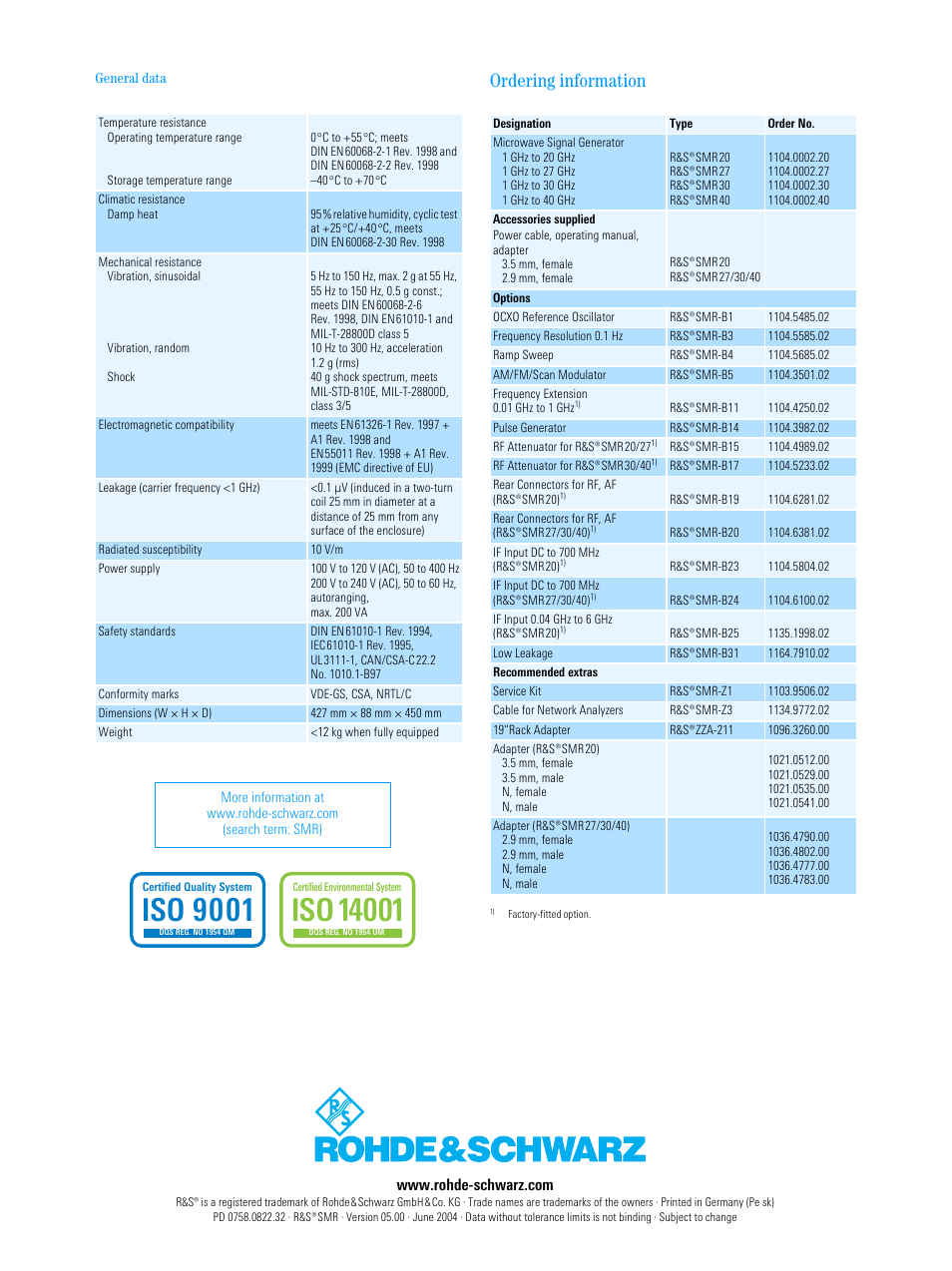 Ordering information, Iso 9001 | Atec Rohde-Schwarz-SMR Series User Manual | Page 10 / 10