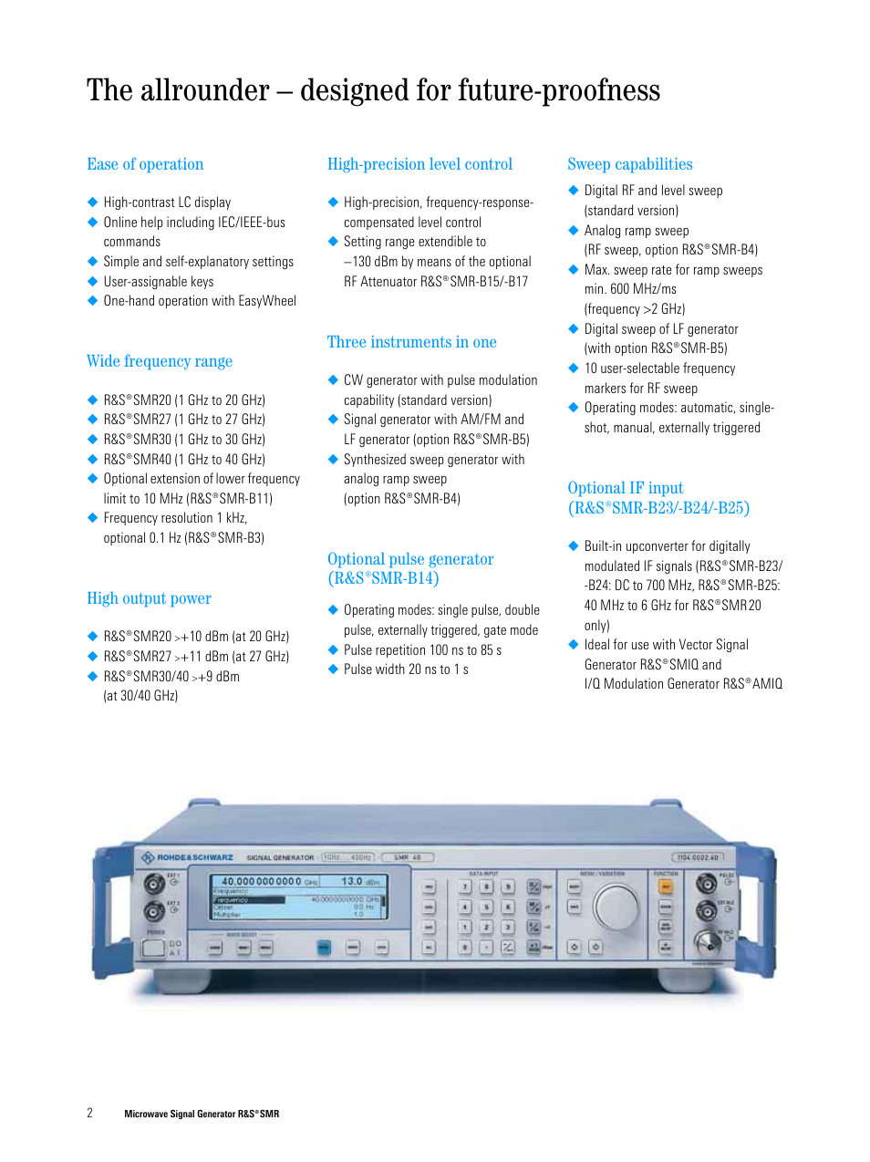 Ease of operation, Wide frequency range, High output power | High-precision level control, Three instruments in one, Optional pulse generator (smr-b14), Sweep capabilities, Optional if input (smr-b23/-b24/-b25), The allrounder – designed for future-proofness, Optional pulse generator (¸smr-b14) | Atec Rohde-Schwarz-SMR Series User Manual | Page 2 / 10