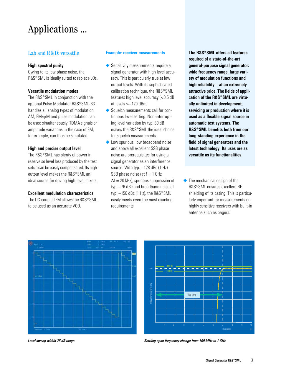 Applications, Lab and r&d: versatile | Atec Rohde-Schwarz-SML03 User Manual | Page 3 / 10