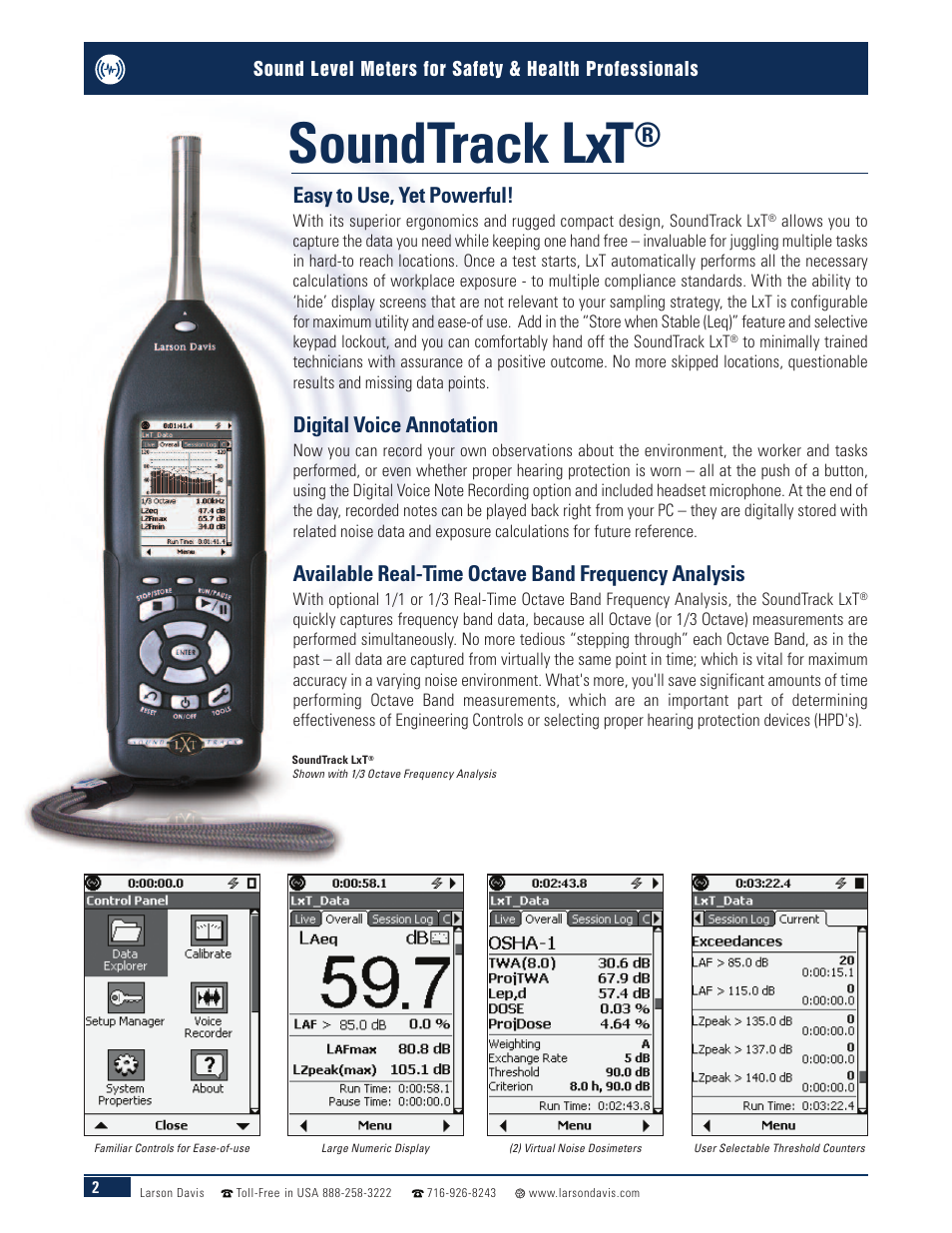 Soundtrack lxt, Easy to use, yet powerful, Digital voice annotation | Available real-time octave band frequency analysis | Atec Larson-Davis-SoundTrackLxT User Manual | Page 2 / 4