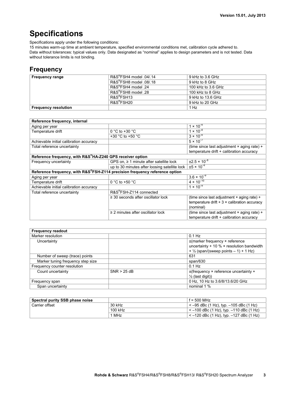 Specifications, Frequency | Atec Rohde-Schwarz-FSH Series User Manual | Page 3 / 32
